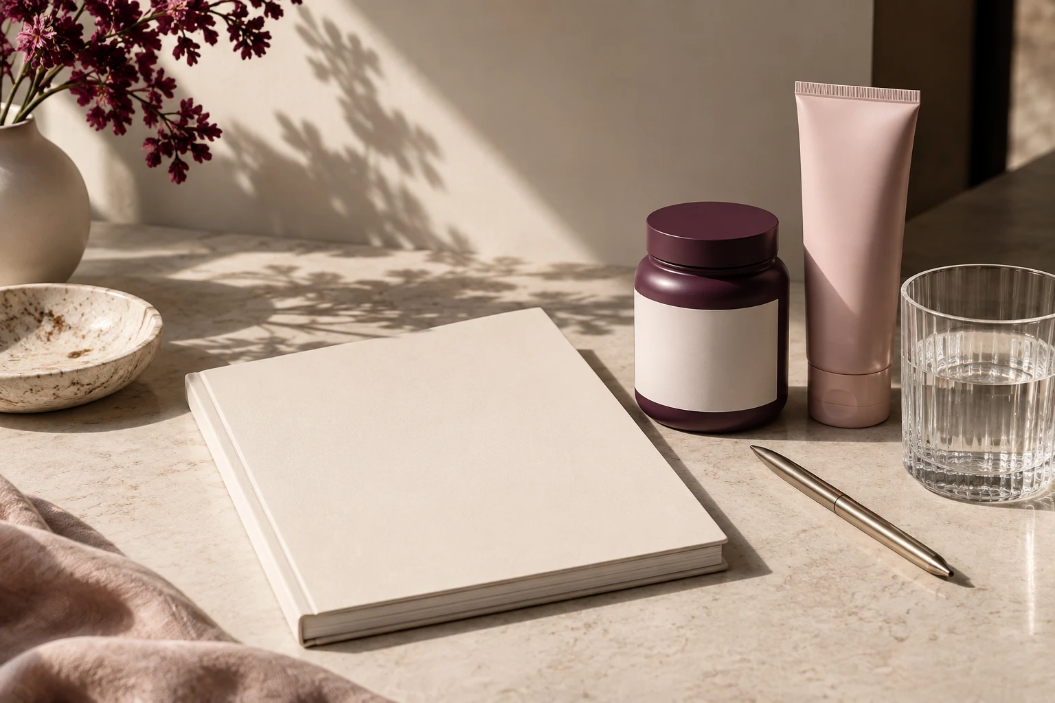 Illustrative wellness still life with unbranded products and an audit booklet